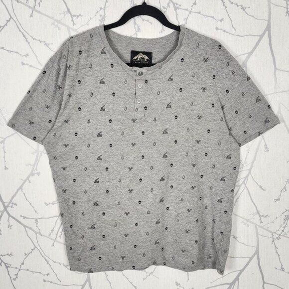 Cabin Fever Hiking Camping Print Cotton Blend Short Sleeve Henley - Picture 1 of 5